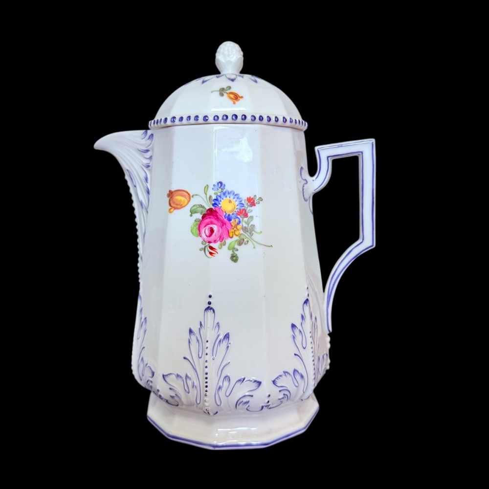 Nymphenburg Bavaria PERL Pearl Blue Painted Dresden Flowers LARGE Coffee Pot